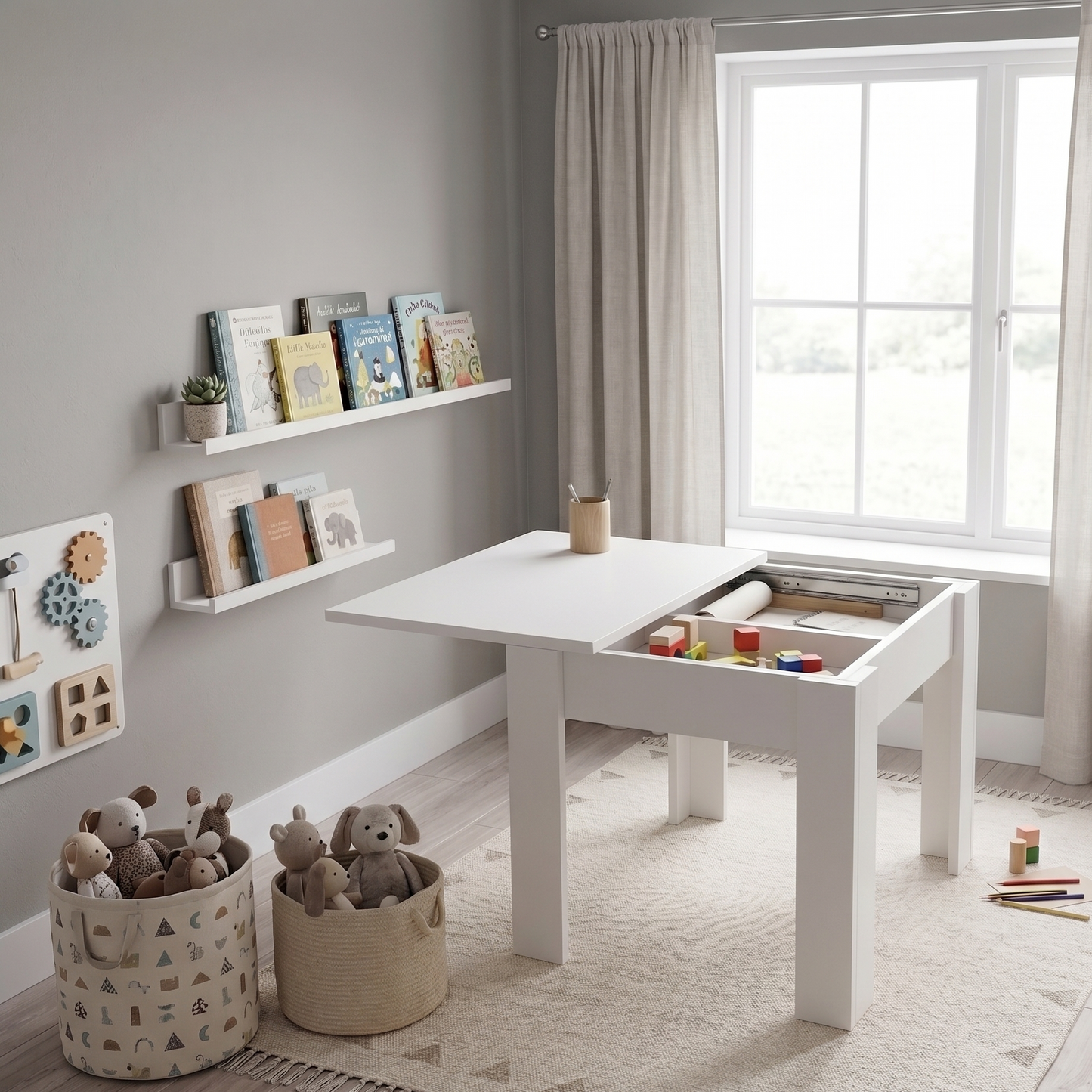 A white children's activity table with a pull-out storage compartment, styled in a bright, modern nursery or playroom with beige curtains, a gray wall, and wooden floors.