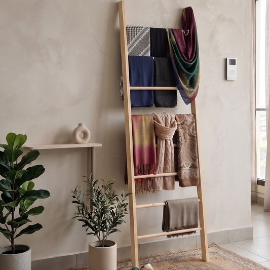A wooden ladder-style clothing rack stands against a textured beige wall in a bright indoor room. The rack holds folded garments and colorful folded textiles, with a small basket and rug on the floor nearby.