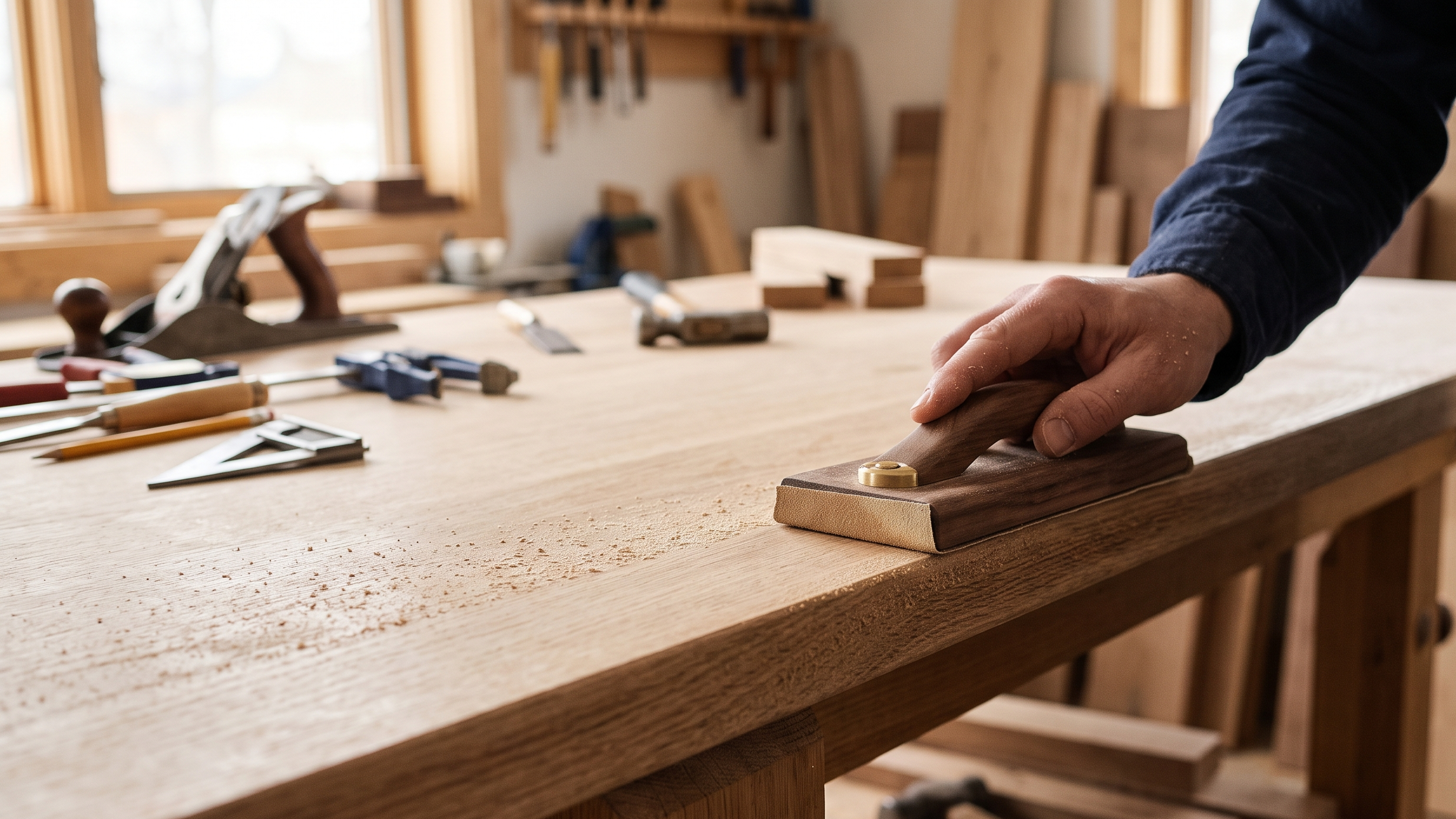 A close-up of a woodworker's hand using a wooden hand plane on a light oak workbench in a well-lit woodworking shop.