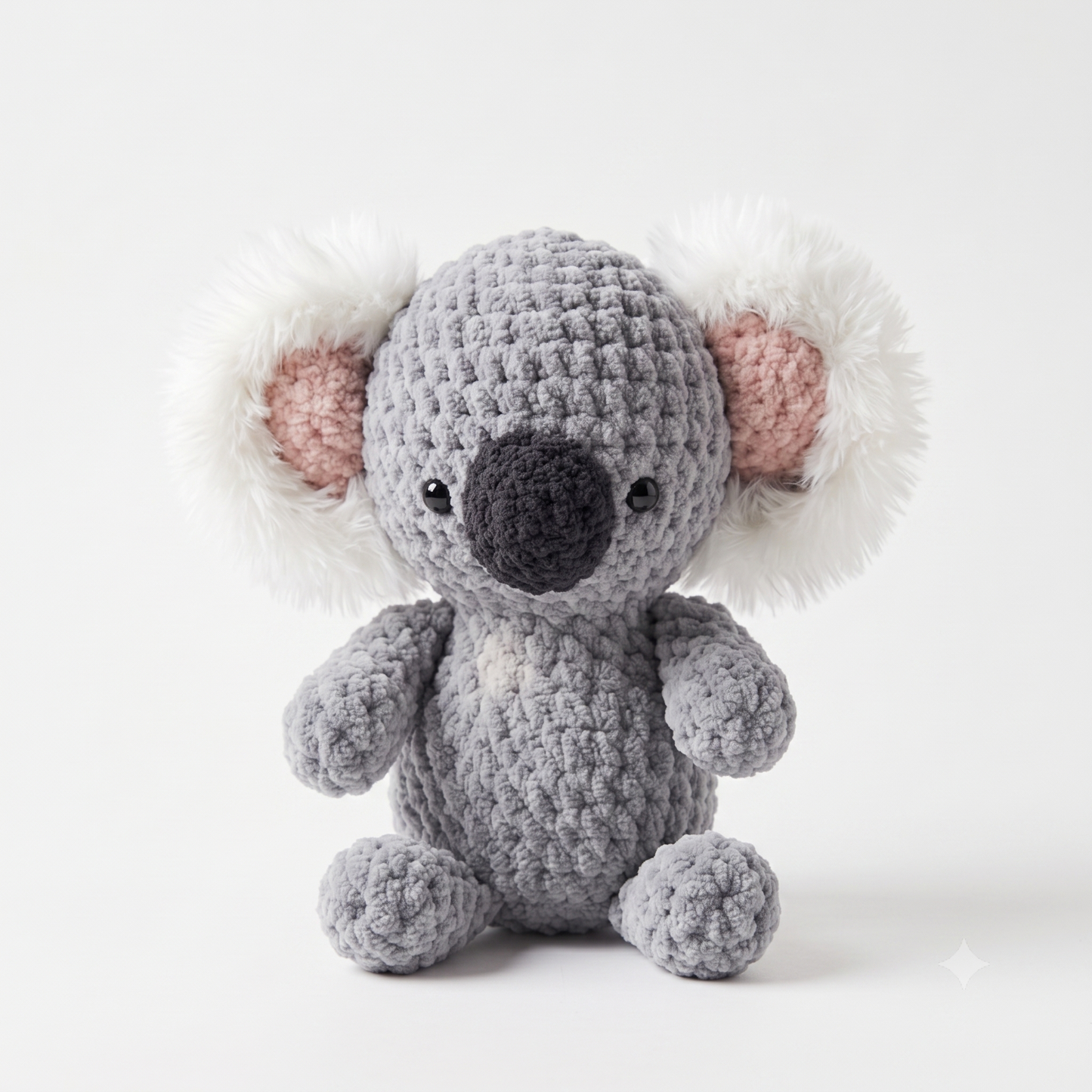 A crocheted koala plush toy in soft gray with fluffy white outer ears, pink inner ears, and a dark gray snout, photographed on a clean light gray background.