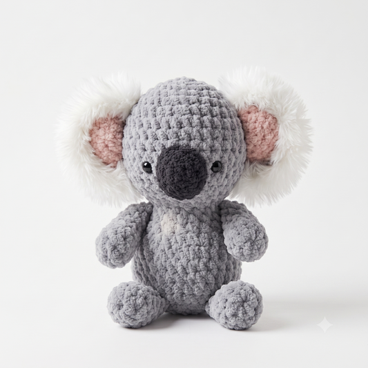 A crocheted koala plush toy in soft gray with fluffy white outer ears, pink inner ears, and a dark gray snout, photographed on a clean light gray background.