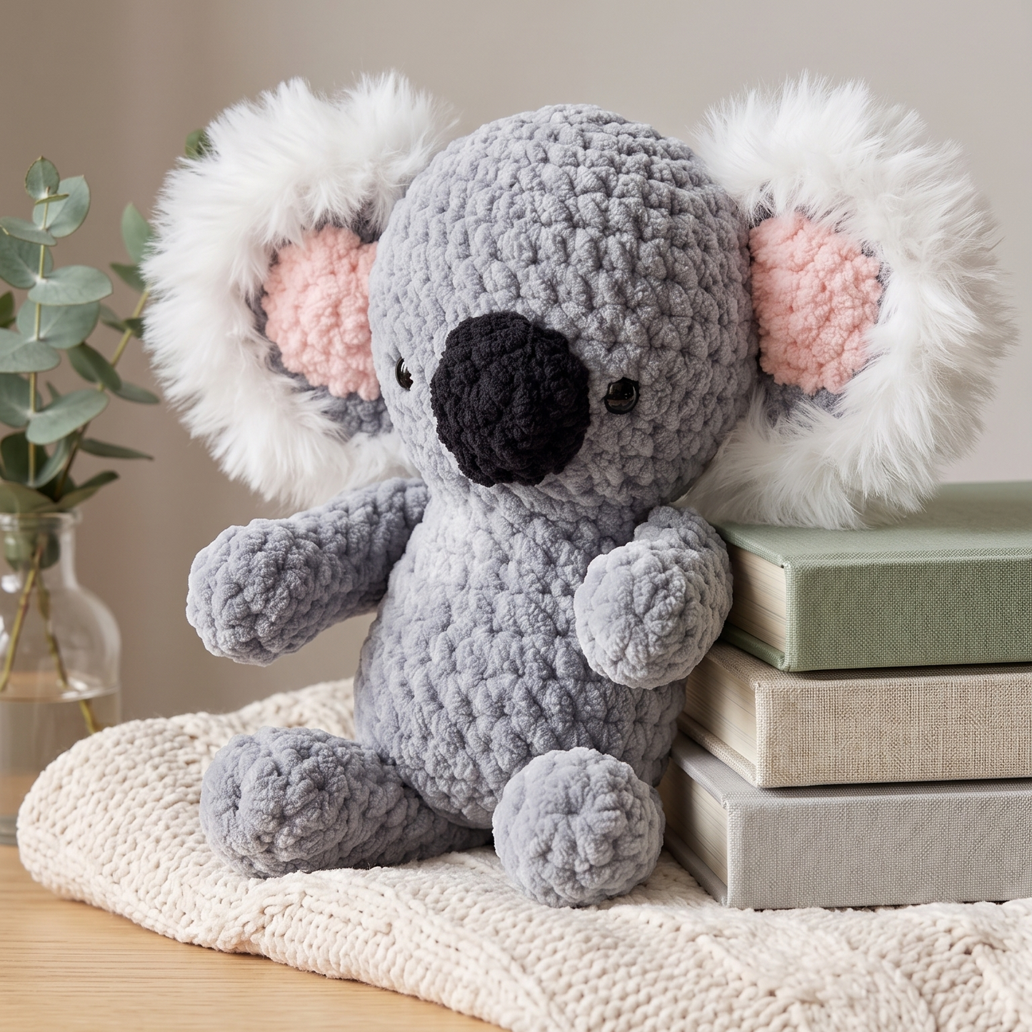 A crocheted koala plush toy sits on a wooden table beside stacked books and a cream knit blanket. The koala is gray with white fluffy ears, pink inner ears, and a black nose.