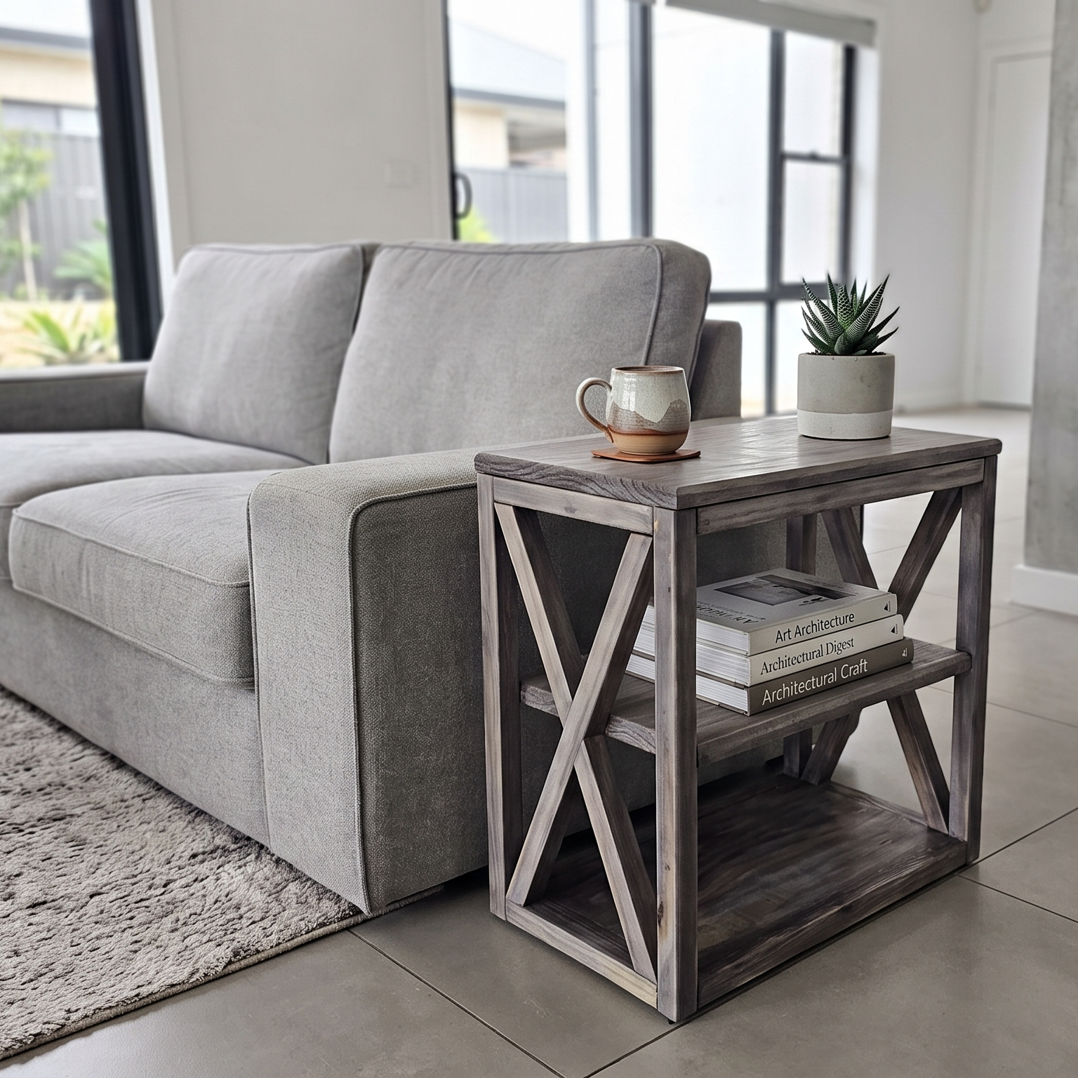 A rustic two-tone wooden end table with an X-frame leg design, styled next to a gray fabric sofa in a modern living room setting.