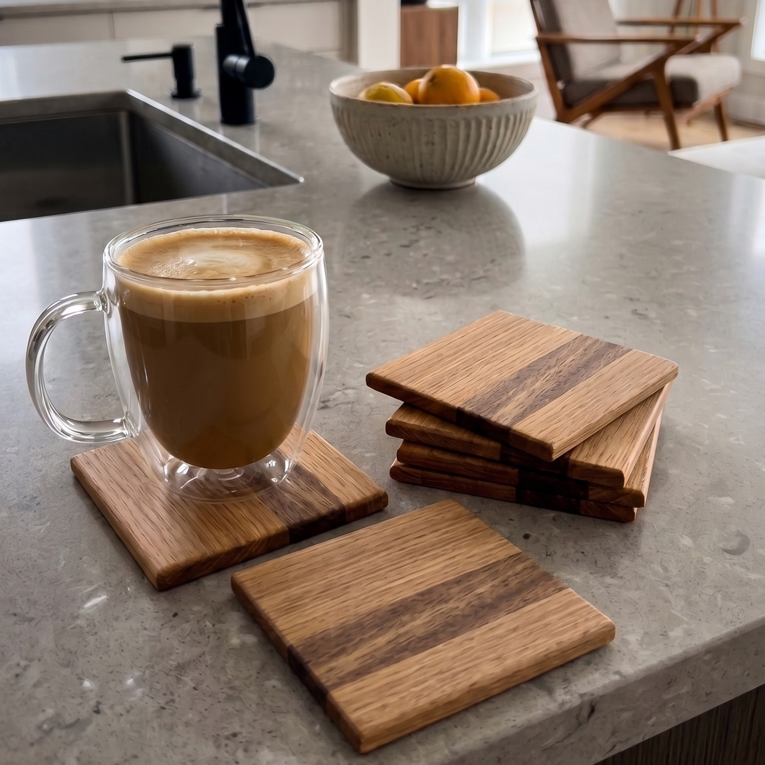 A set of square wooden coasters with dark grain patterns, shown on a gray stone kitchen island. One coaster holds a clear glass mug filled with a latte, while a stack of coasters sits nearby.