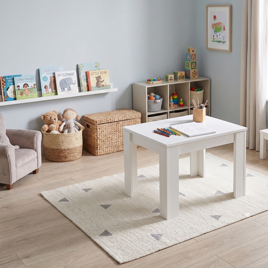 A white children's activity table with legs, styled in a bright, modern nursery with a matching white rug, storage shelves, and toys.
