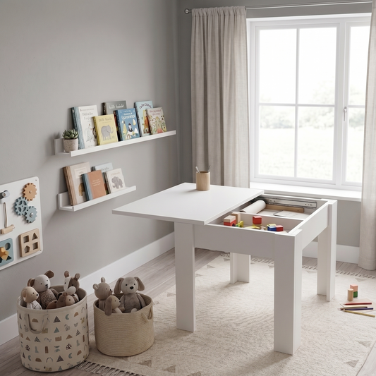 A white children's activity table with a pull-out storage compartment, styled in a bright, modern nursery or playroom with beige curtains, a gray wall, and wooden floors.