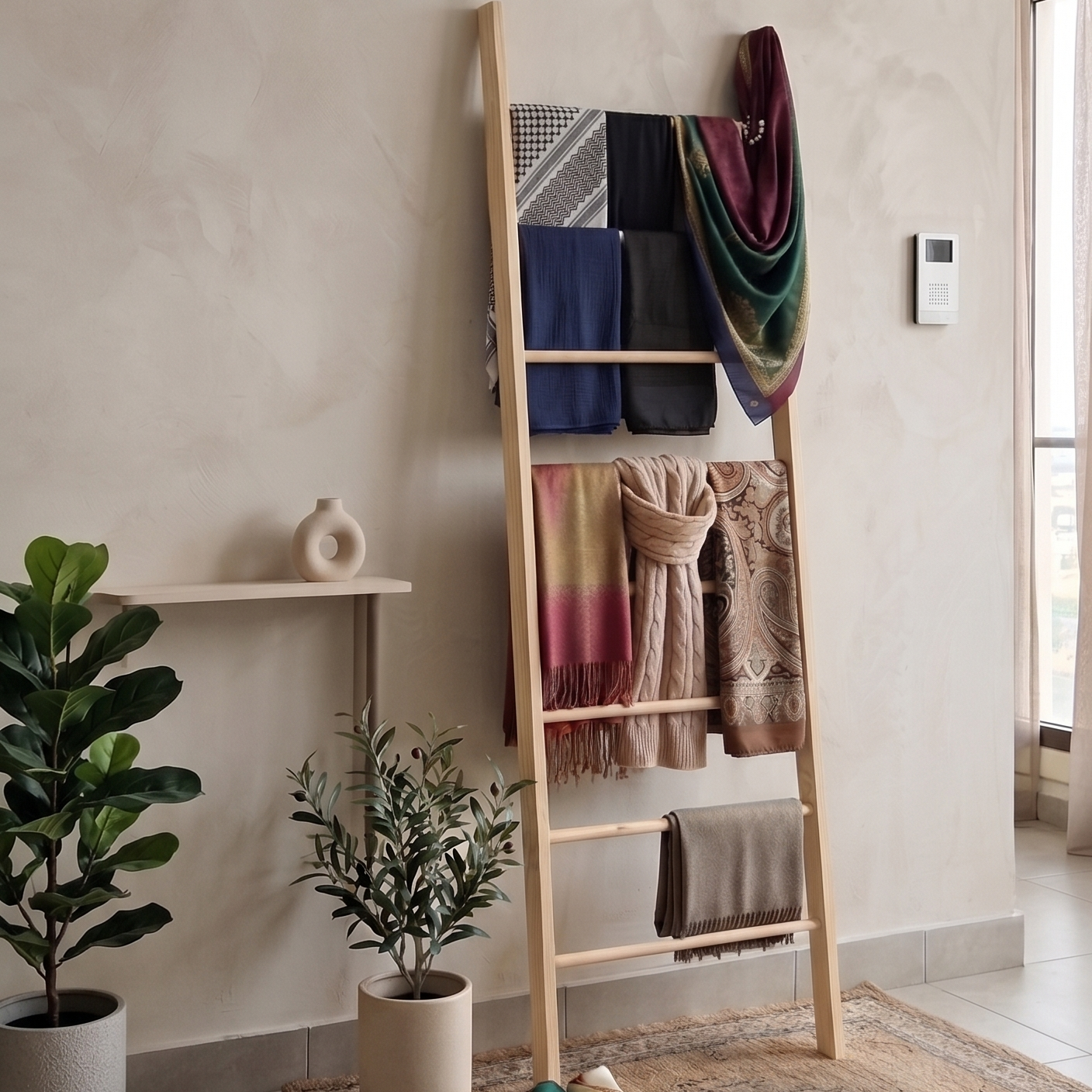 A wooden ladder-style clothing rack stands against a textured beige wall in a bright indoor room. The rack holds folded garments and colorful folded textiles, with a small basket and rug on the floor nearby.