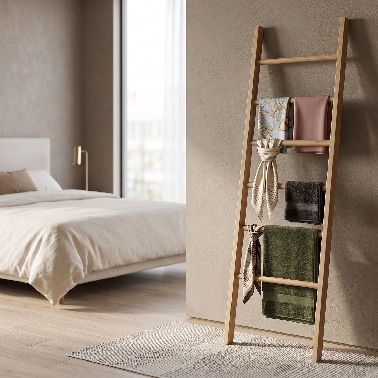 A wooden ladder-style towel rack stands beside a bed in a softly lit bedroom. Several towels and a scarf are draped over the rungs, including a green towel, a pink towel, and neutral-toned textiles.