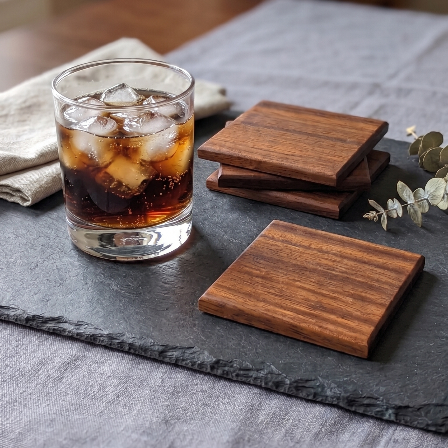 African Walnut coasters displayed on a gray linen table runner, with a glass of iced cola in the background on a wooden table.