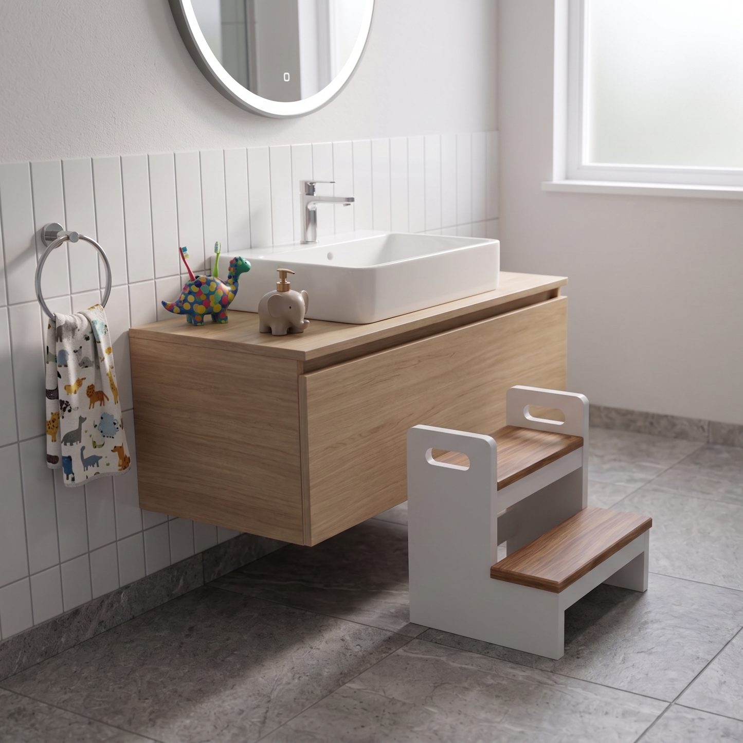 The Little Helper painted white with hardwax oil applied to the steps to create a two tone finish on a kids helper step stool for use in a bathroom or kitchen.