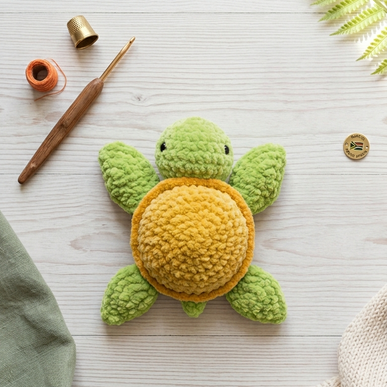 A crocheted turtle toy with a green body and yellow shell, styled on a light wood surface with crochet tools, fabric, and a fern leaf.