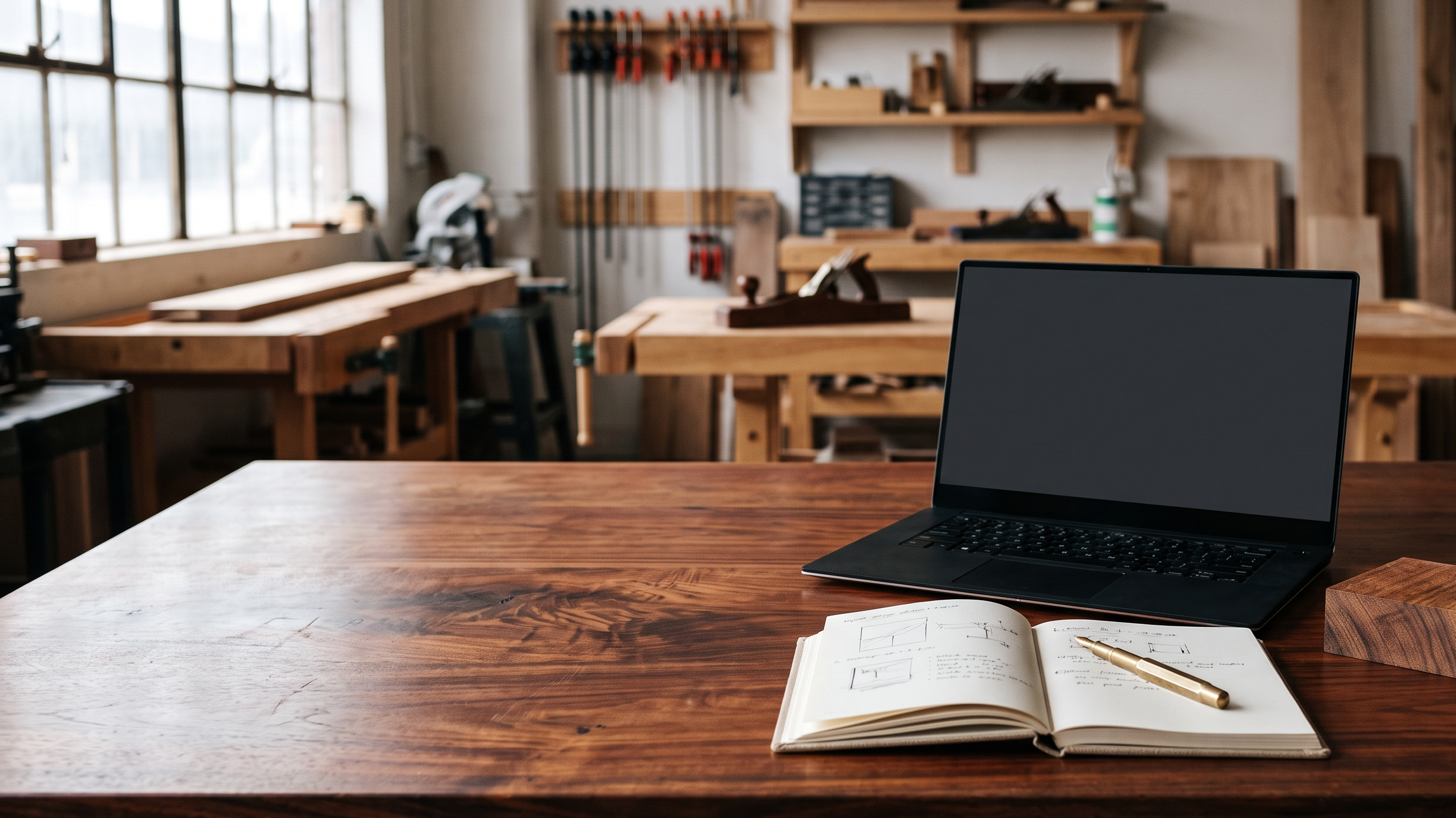 A black laptop sits open on a wooden workbench in a well-lit woodworking shop, with an open notebook and pen in front of it.