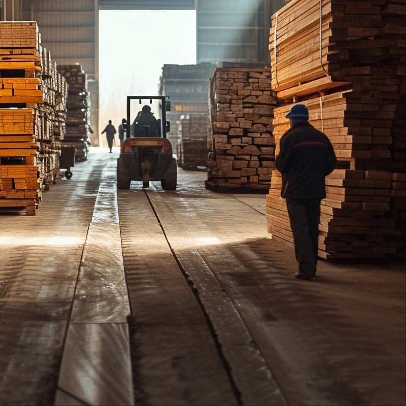 A large wooden warehouse interior with stacks of lumber on both sides, a forklift in the center aisle, and a worker walking near the right side under bright natural light coming through the open door.