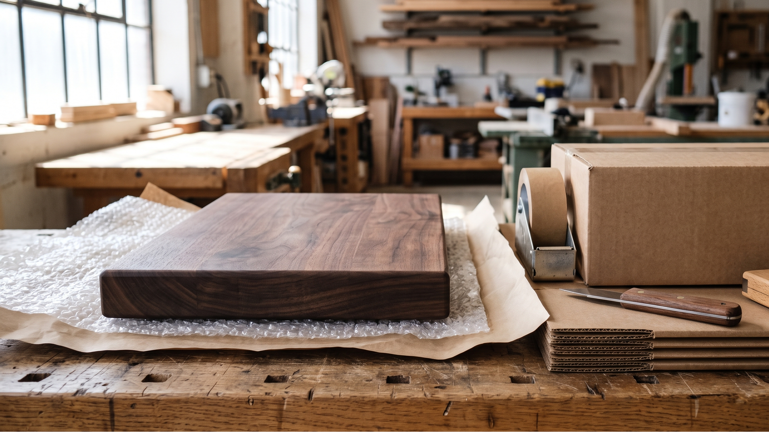 A dark wood cutting board with a smooth, polished finish rests on bubble wrap on a wooden workbench in a woodworking workshop. In the background, a cardboard box, a wooden tape measure, and other tools are visible on a workbench.