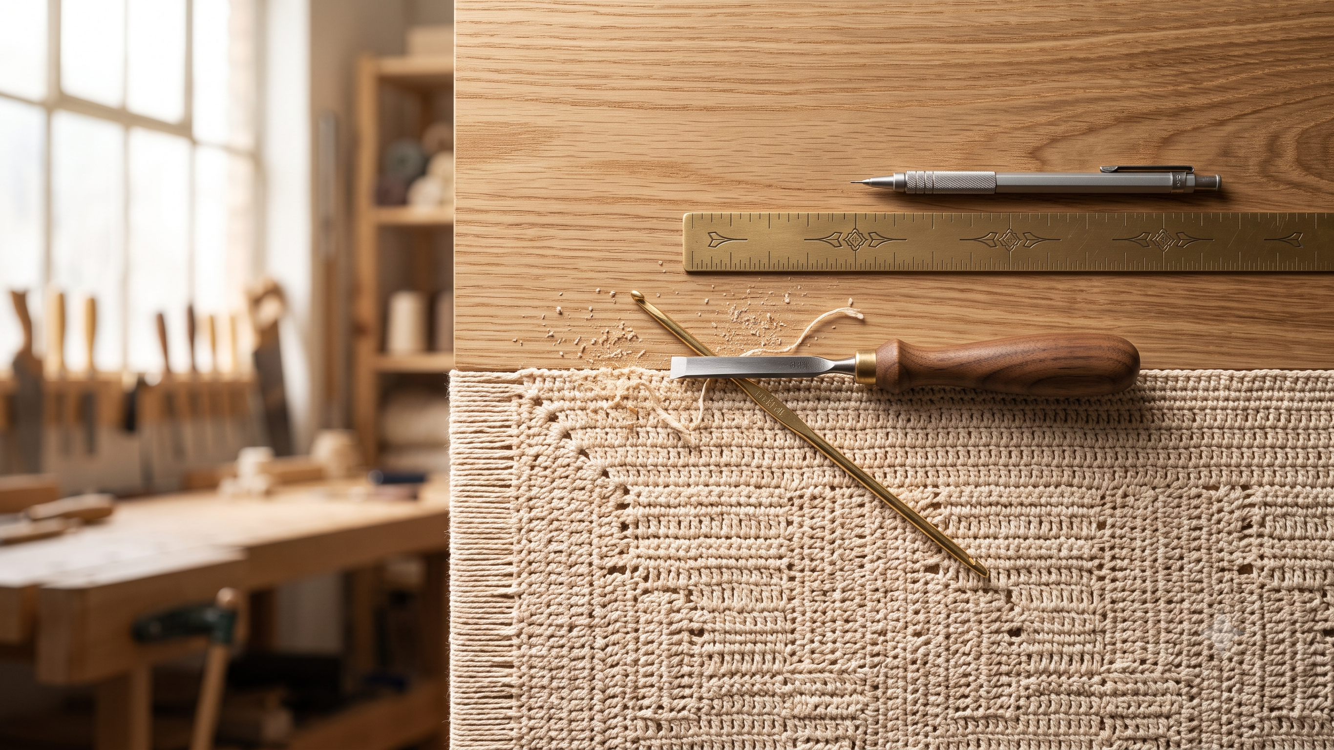 A close-up of a woodworking setup with a chisel, ruler, and pen resting on a textured woven wood panel, with a blurred workshop background.
